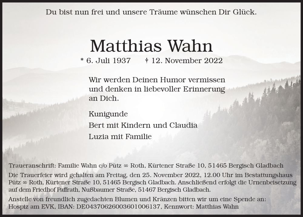  Traueranzeige für Matthias Wahn vom 18.11.2022 aus  Bergisches Handelsblatt 