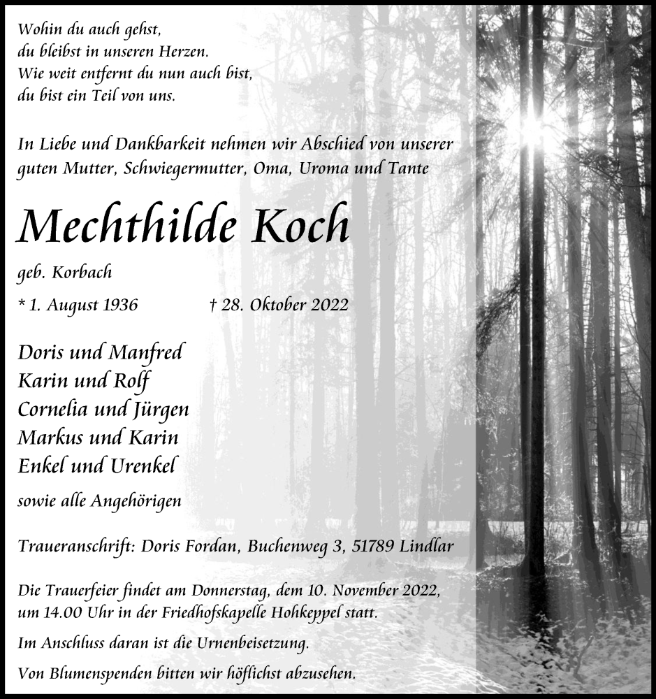  Traueranzeige für Mechthilde Koch vom 05.11.2022 aus Kölner Stadt-Anzeiger / Kölnische Rundschau / Express