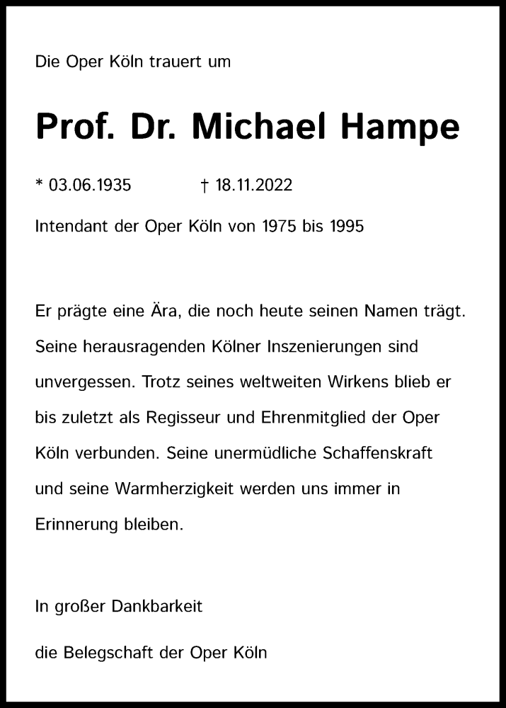  Traueranzeige für Michael Hampe vom 26.11.2022 aus Kölner Stadt-Anzeiger / Kölnische Rundschau / Express