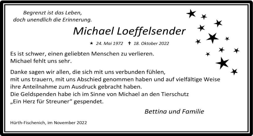  Traueranzeige für Michael Loeffelsender vom 18.11.2022 aus  Wochenende 