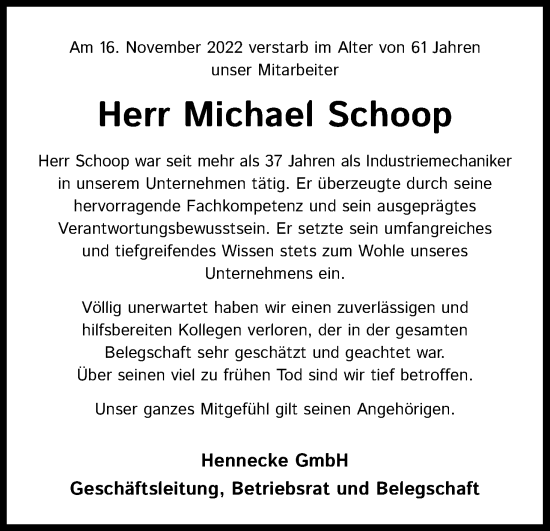 Anzeige von Michael Schoop von Kölner Stadt-Anzeiger / Kölnische Rundschau / Express