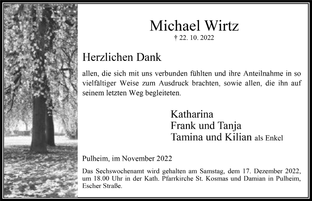  Traueranzeige für Michael Wirtz vom 25.11.2022 aus  Wochenende 