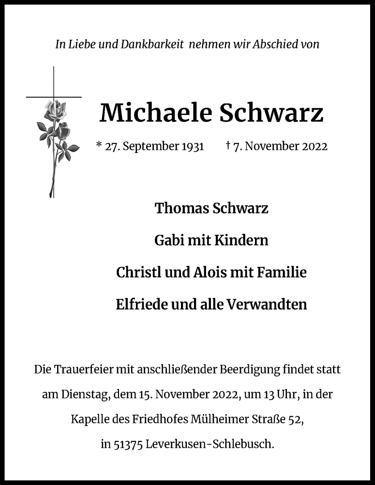  Traueranzeige für Michaele Schwarz vom 12.11.2022 aus Kölner Stadt-Anzeiger / Kölnische Rundschau / Express