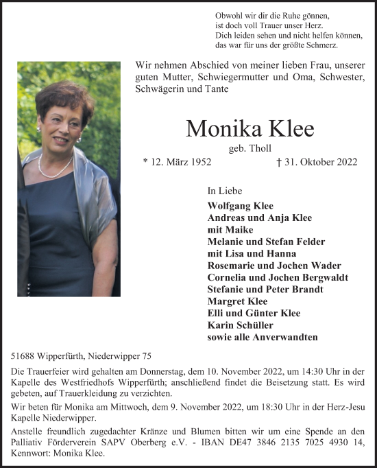 Anzeige von Monika Klee von Kölner Stadt-Anzeiger / Kölnische Rundschau / Express