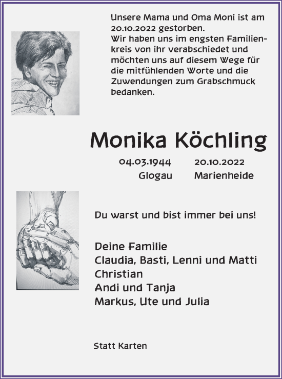Anzeige von Monika Köchling von Kölner Stadt-Anzeiger / Kölnische Rundschau / Express