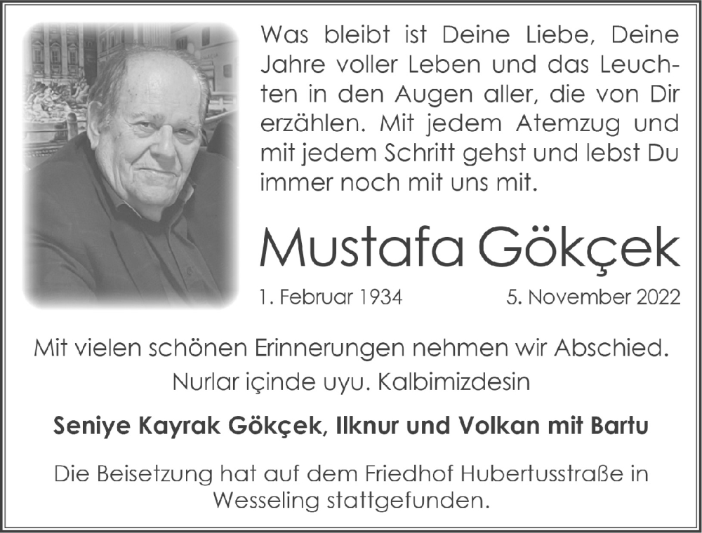  Traueranzeige für Mustafa Gökcek vom 18.11.2022 aus  Schlossbote/Werbekurier 