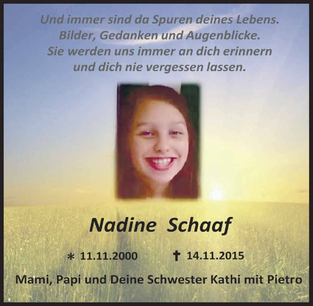  Traueranzeige für Nadine Schaaf vom 11.11.2022 aus  Anzeigen Echo 