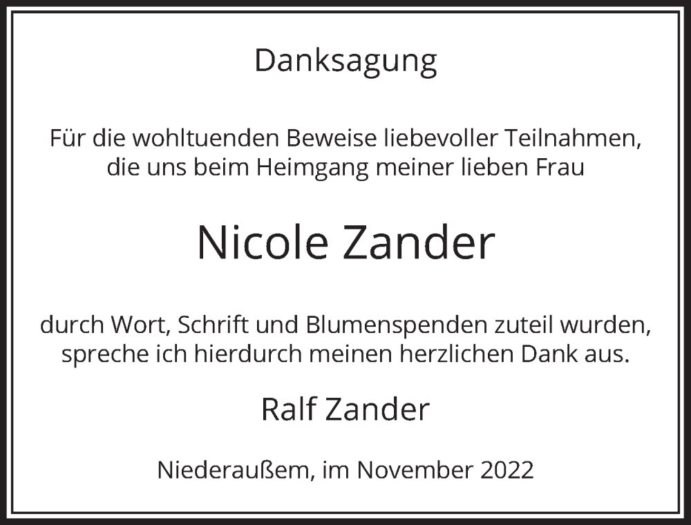  Traueranzeige für Nicole Zander vom 18.11.2022 aus  Werbepost 