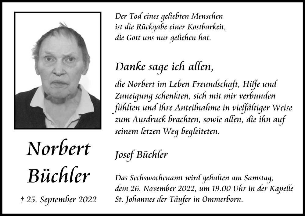  Traueranzeige für Norbert Büchler vom 19.11.2022 aus Kölner Stadt-Anzeiger / Kölnische Rundschau / Express