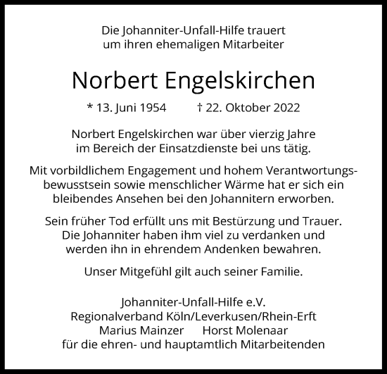 Anzeige von Norbert Engelskirchen von Kölner Stadt-Anzeiger / Kölnische Rundschau / Express