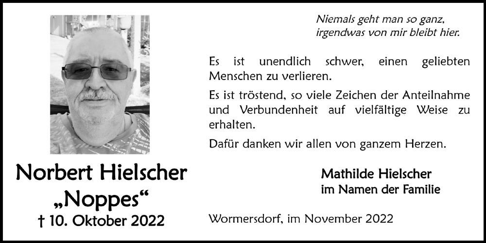 Traueranzeige für Norbert Hielscher vom 25.11.2022 aus  Schaufenster/Blickpunkt 