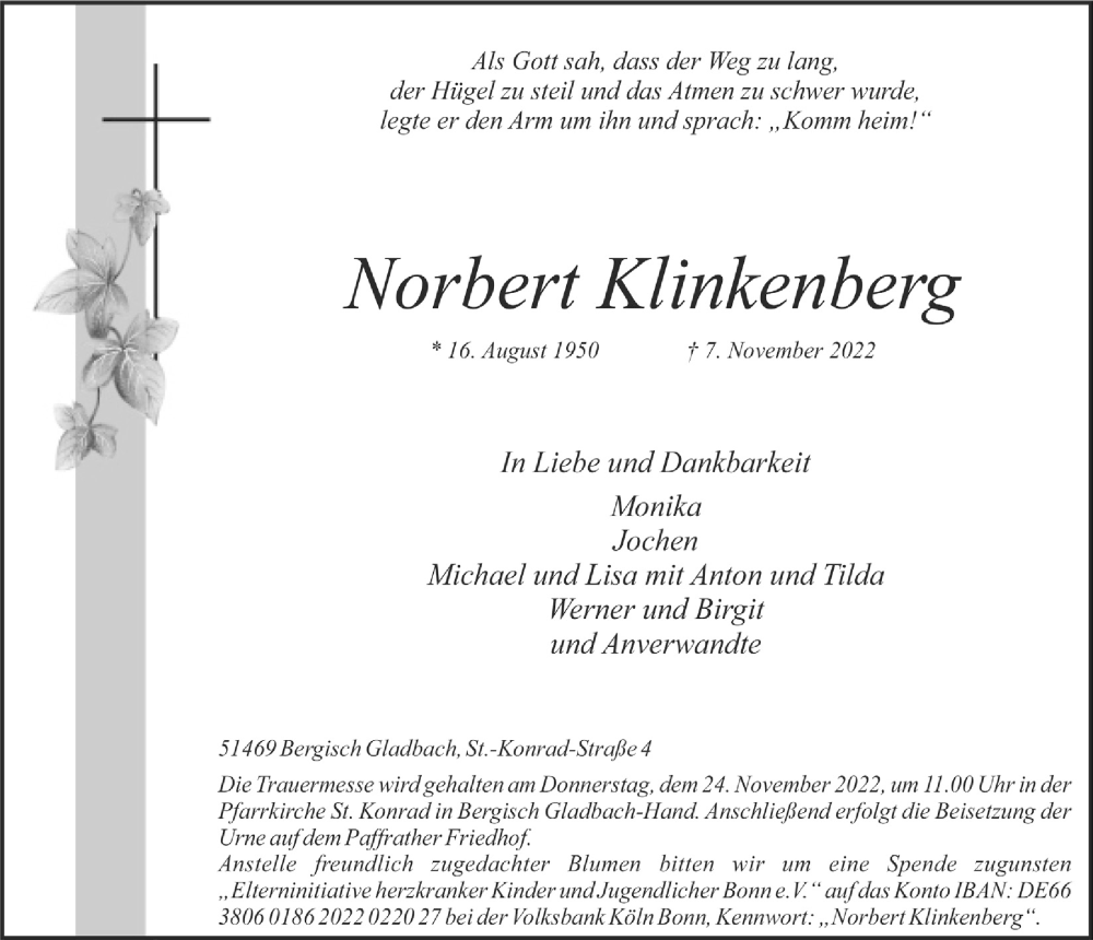  Traueranzeige für Norbert Klinkenberg vom 18.11.2022 aus  Bergisches Handelsblatt 