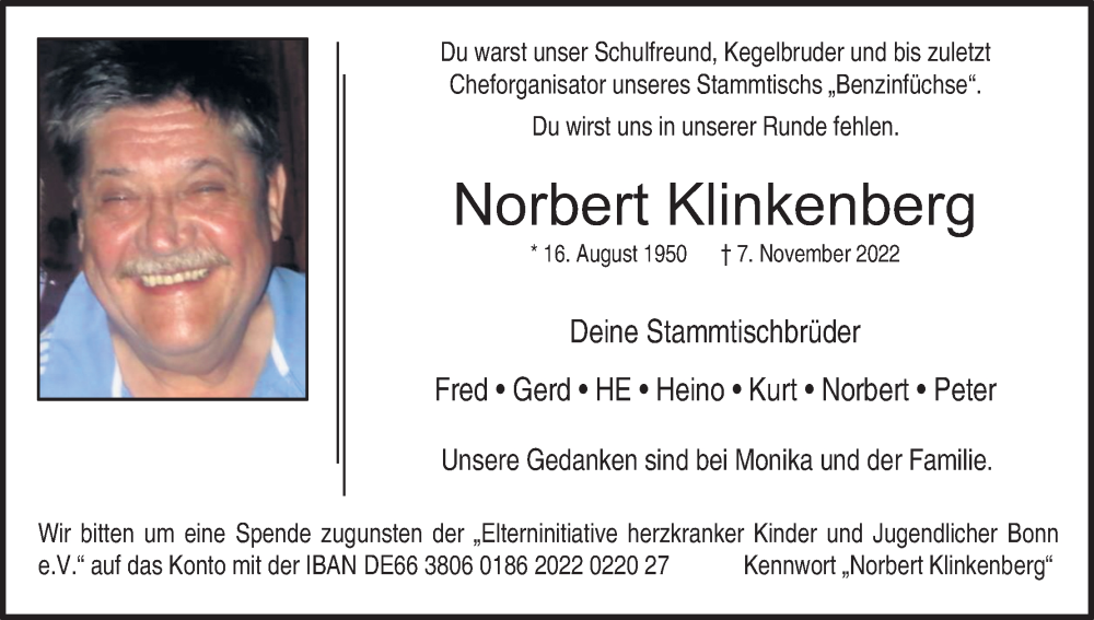  Traueranzeige für Norbert Klinkenberg vom 26.11.2022 aus Kölner Stadt-Anzeiger / Kölnische Rundschau / Express