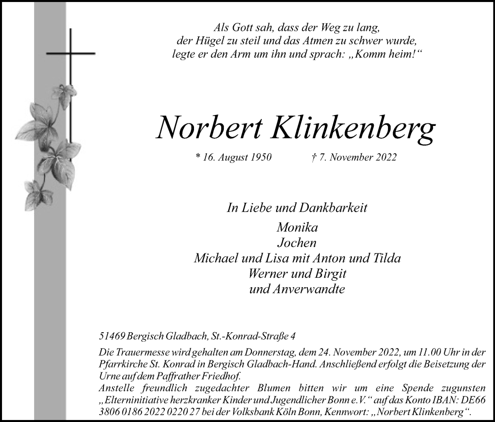 Traueranzeige für Norbert Klinkenberg vom 19.11.2022 aus Kölner Stadt-Anzeiger / Kölnische Rundschau / Express