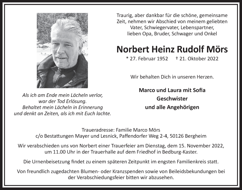  Traueranzeige für Norbert Heinz Rudolf Mörs vom 04.11.2022 aus  Werbepost 
