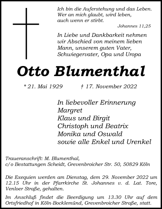 Anzeige von Otto Blumenthal von Kölner Stadt-Anzeiger / Kölnische Rundschau / Express