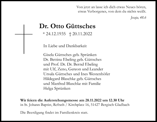 Anzeige von Otto Güttsches von Kölner Stadt-Anzeiger / Kölnische Rundschau / Express