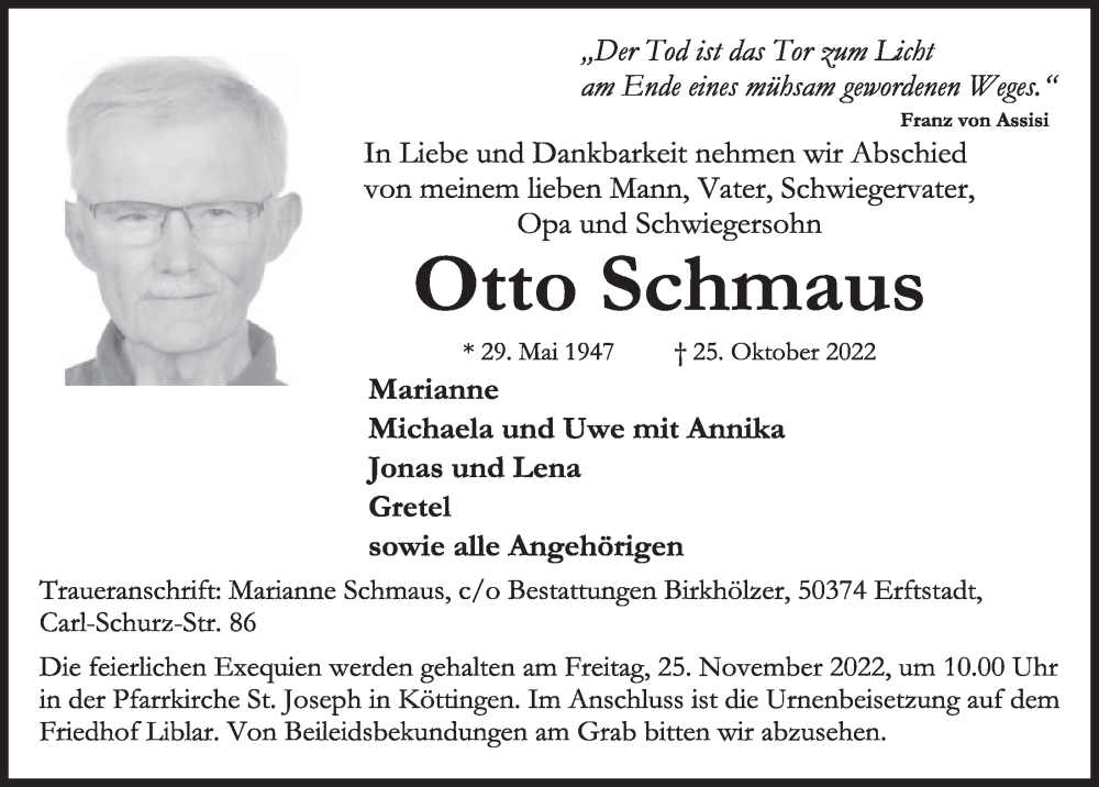  Traueranzeige für Otto Schmaus vom 18.11.2022 aus  Werbepost 