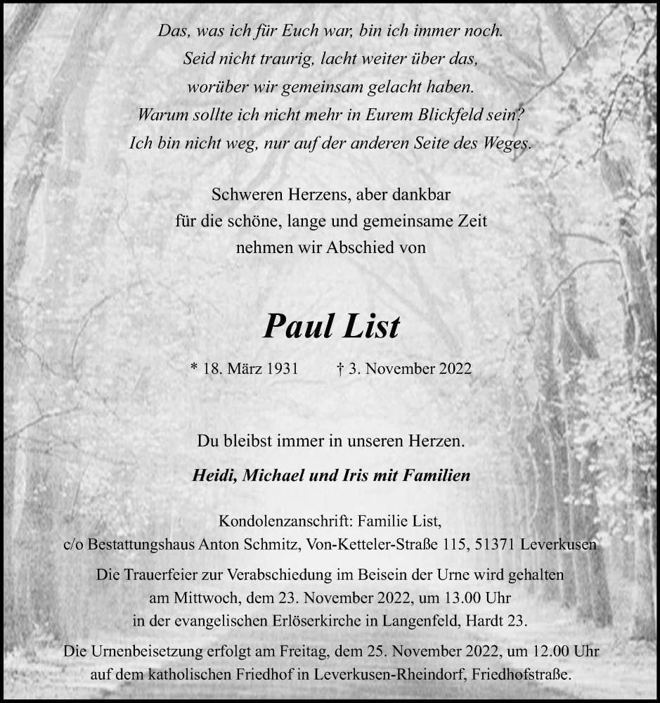  Traueranzeige für Paul List vom 19.11.2022 aus Kölner Stadt-Anzeiger / Kölnische Rundschau / Express