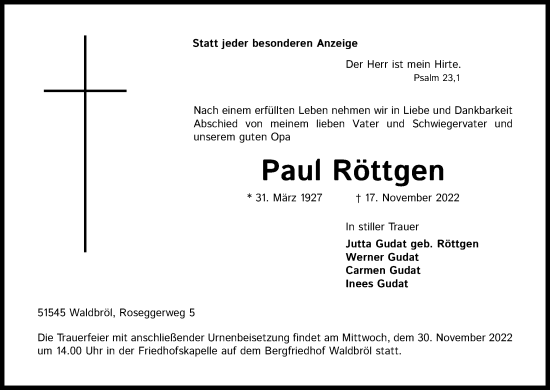 Anzeige von Paul Röttgen von Kölner Stadt-Anzeiger / Kölnische Rundschau / Express
