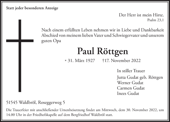 Anzeige von Paul Röttgen von  Lokalanzeiger 