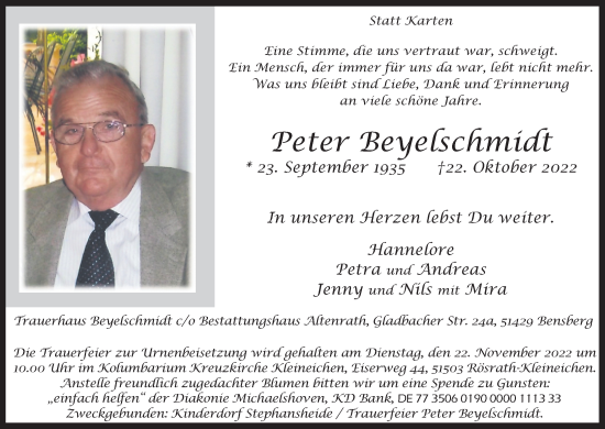 Anzeige von Peter Beyelschmidt von Kölner Stadt-Anzeiger / Kölnische Rundschau / Express