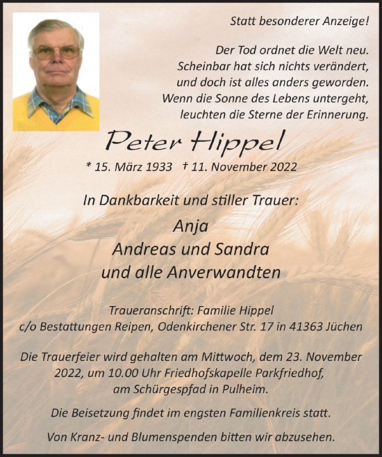 Anzeige von Peter Hippel von  Wochenende 