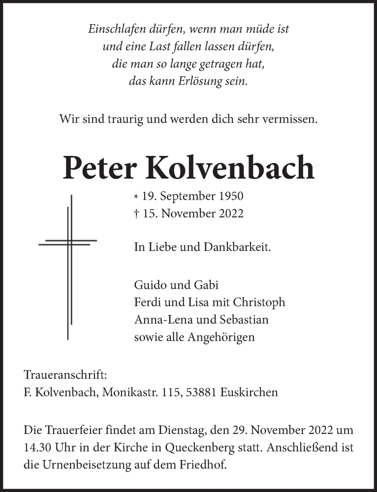  Traueranzeige für Peter Kolvenbach vom 25.11.2022 aus  Schaufenster/Blickpunkt 