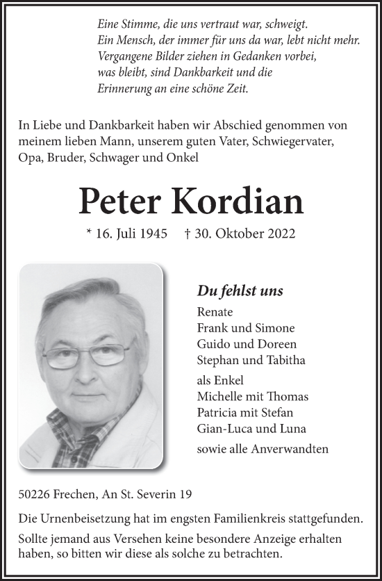 Anzeige von Peter Kordian von  Wochenende 