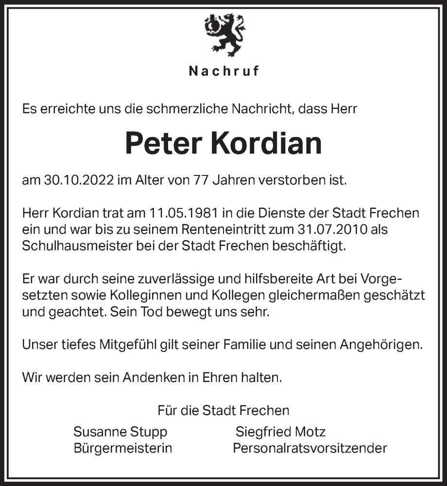  Traueranzeige für Peter Kordian vom 18.11.2022 aus  Wochenende 