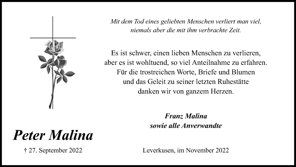  Traueranzeige für Peter Malina vom 12.11.2022 aus Kölner Stadt-Anzeiger / Kölnische Rundschau / Express