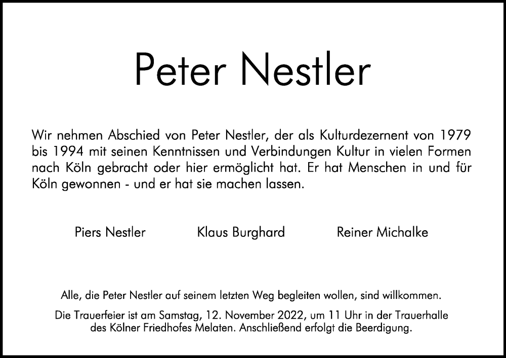  Traueranzeige für Peter Nestler vom 05.11.2022 aus Kölner Stadt-Anzeiger / Kölnische Rundschau / Express