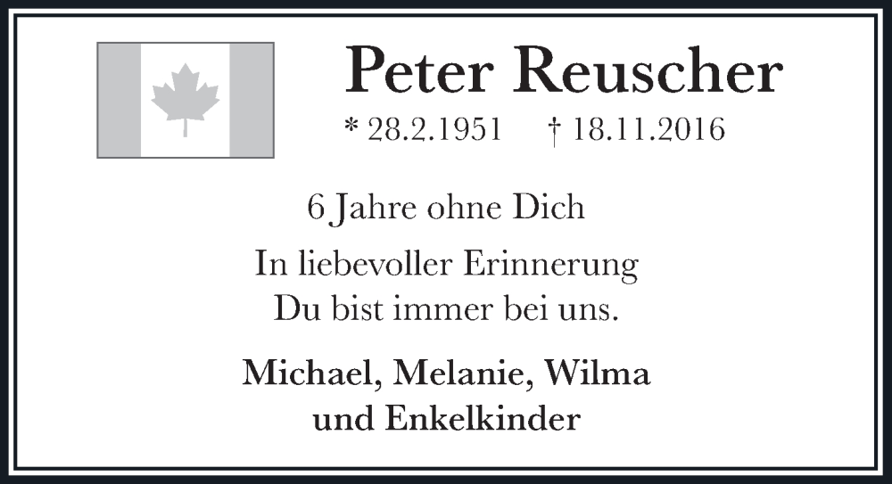  Traueranzeige für Peter Reuscher vom 18.11.2022 aus  Bergisches Handelsblatt 