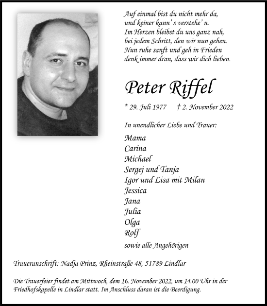 Anzeige von Peter Riffel von  Anzeigen Echo 