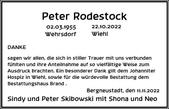 Anzeige von Peter Rodestock von Kölner Stadt-Anzeiger / Kölnische Rundschau / Express