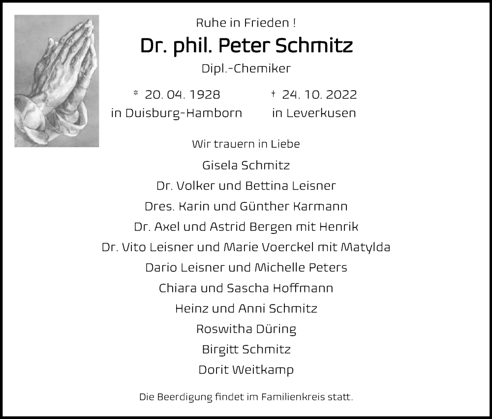  Traueranzeige für Peter Schmitz vom 05.11.2022 aus Kölner Stadt-Anzeiger / Kölnische Rundschau / Express