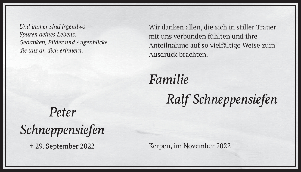  Traueranzeige für Peter Schneppensiefen vom 04.11.2022 aus  Werbepost 