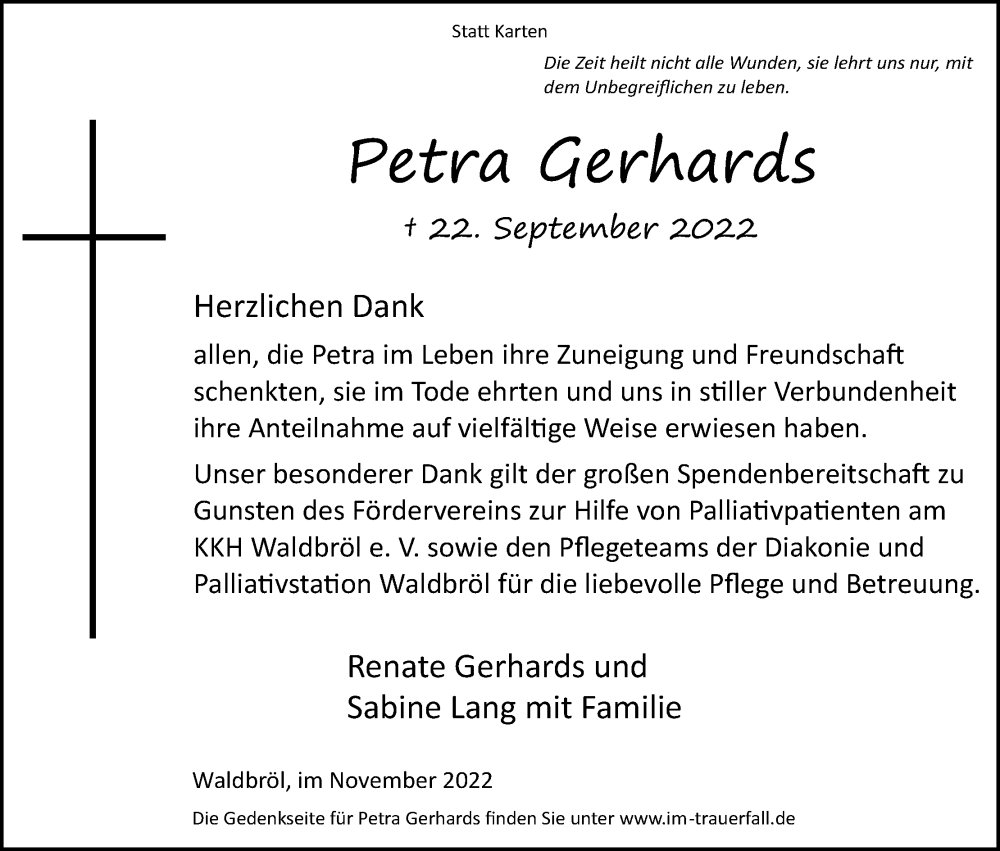  Traueranzeige für Petra Gerhards vom 05.11.2022 aus Kölner Stadt-Anzeiger / Kölnische Rundschau / Express