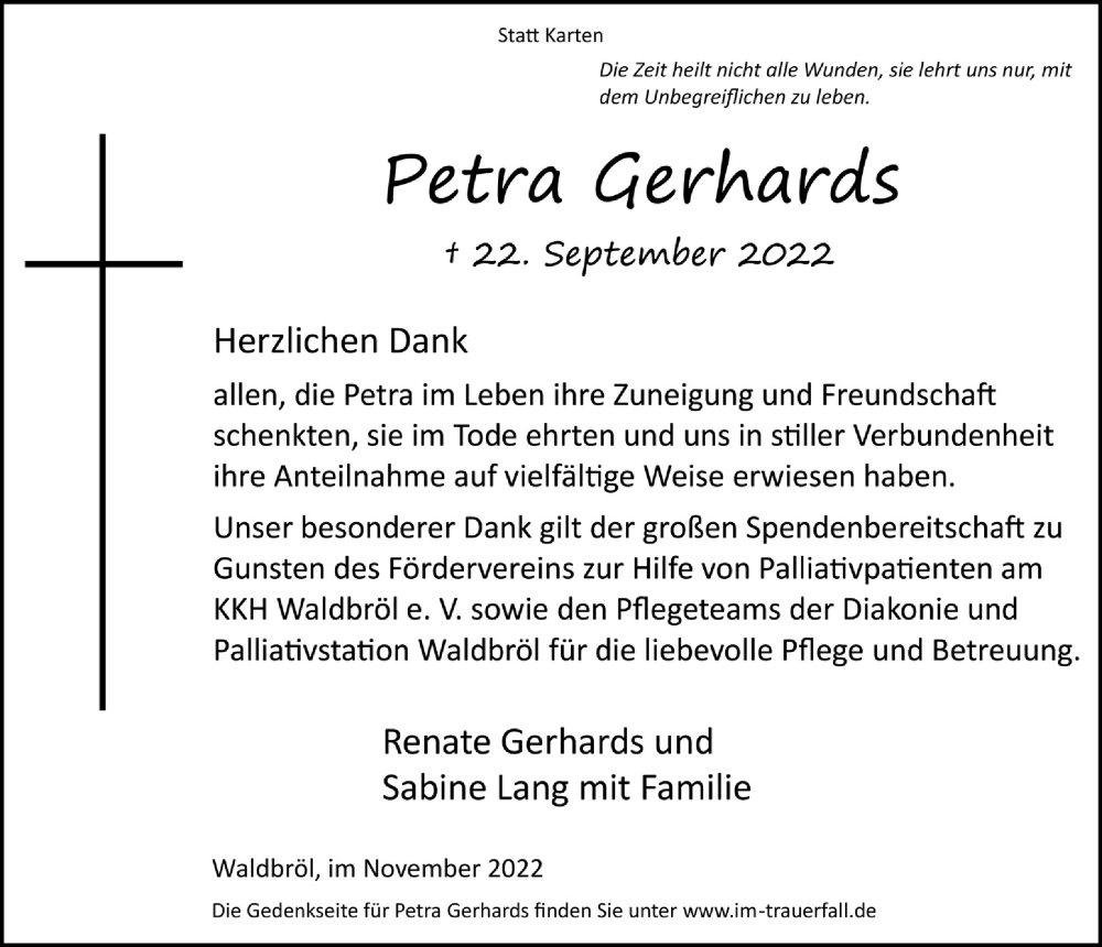  Traueranzeige für Petra Gerhards vom 04.11.2022 aus  Lokalanzeiger 