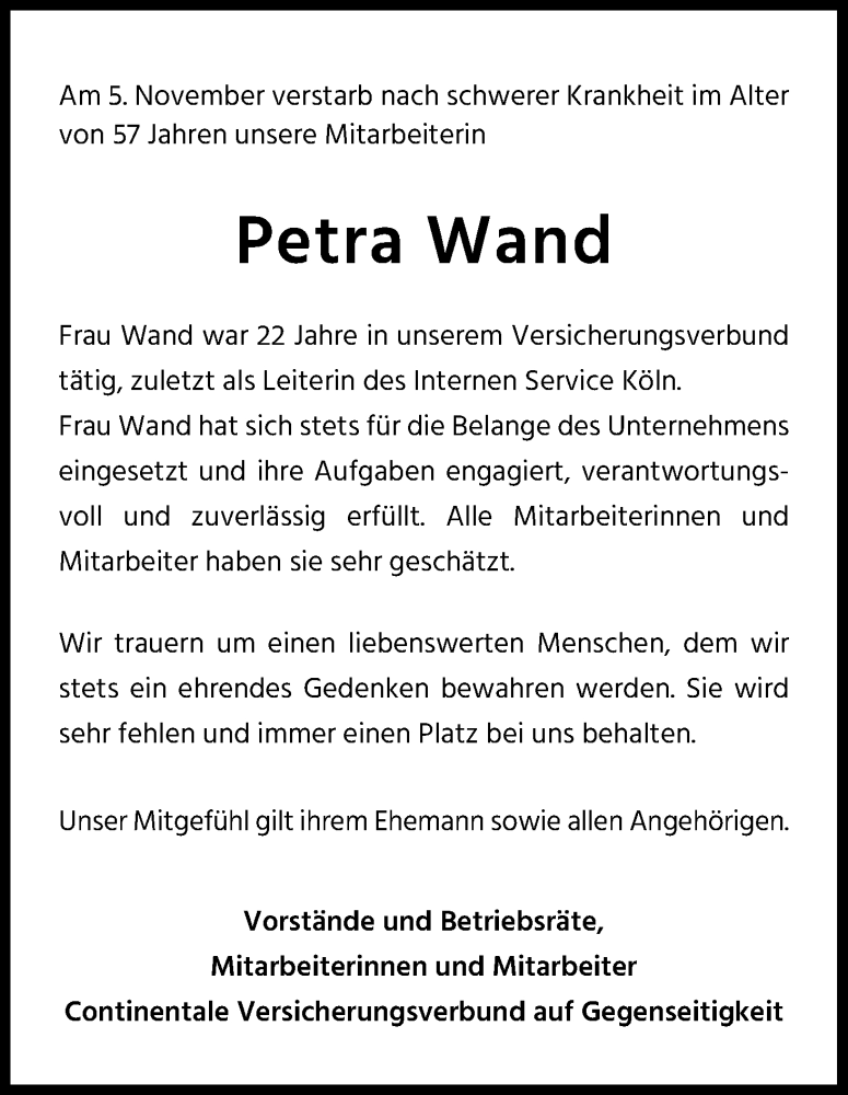  Traueranzeige für Petra Wand vom 19.11.2022 aus Kölner Stadt-Anzeiger / Kölnische Rundschau / Express