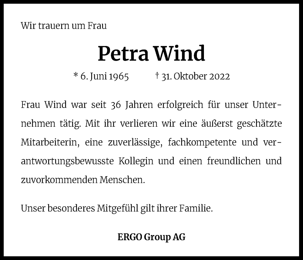  Traueranzeige für Petra Wind vom 14.11.2022 aus Kölner Stadt-Anzeiger / Kölnische Rundschau / Express