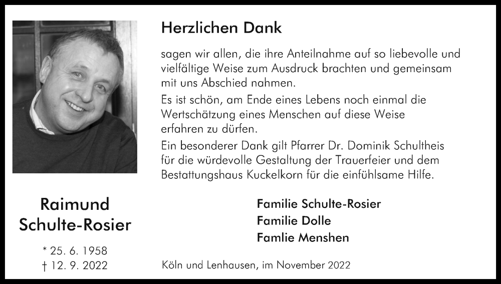 Traueranzeige für Raimund Schulte-Rosier vom 12.11.2022 aus Kölner Stadt-Anzeiger / Kölnische Rundschau / Express