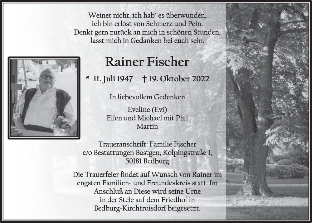  Traueranzeige für Rainer Fischer vom 11.11.2022 aus  Werbepost 