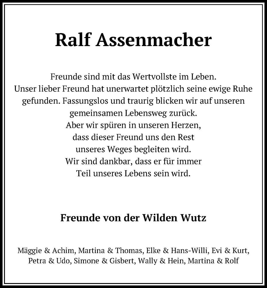  Traueranzeige für Ralf Assenmacher vom 26.11.2022 aus Kölner Stadt-Anzeiger / Kölnische Rundschau / Express