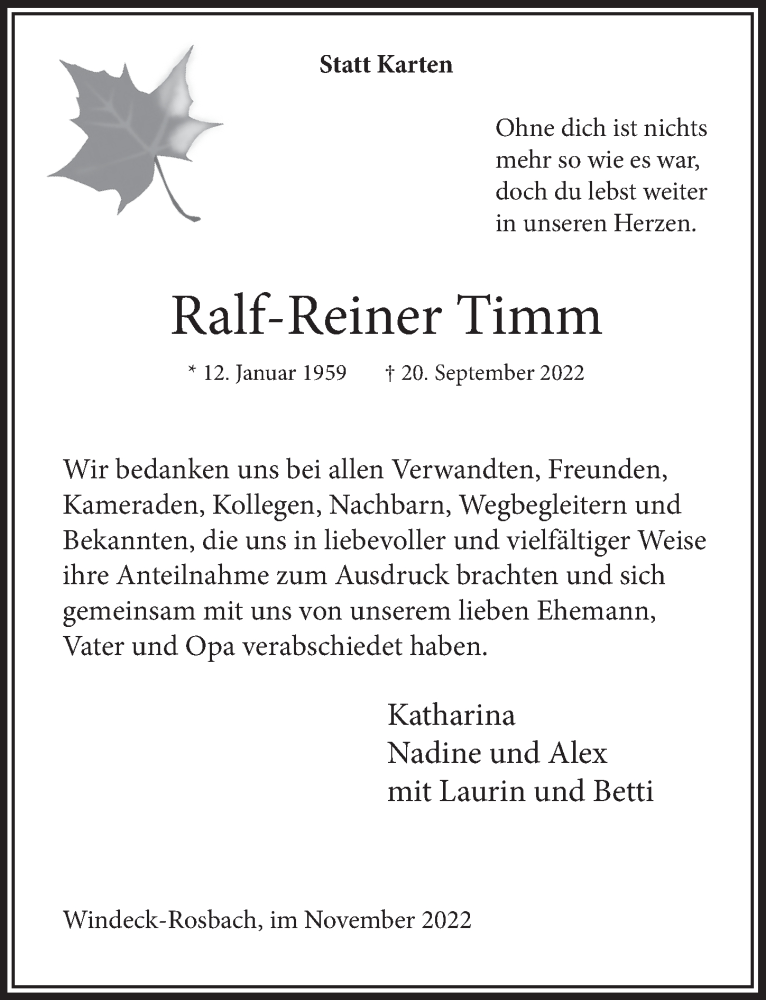  Traueranzeige für Ralf-Reiner Timm vom 04.11.2022 aus  Lokalanzeiger 