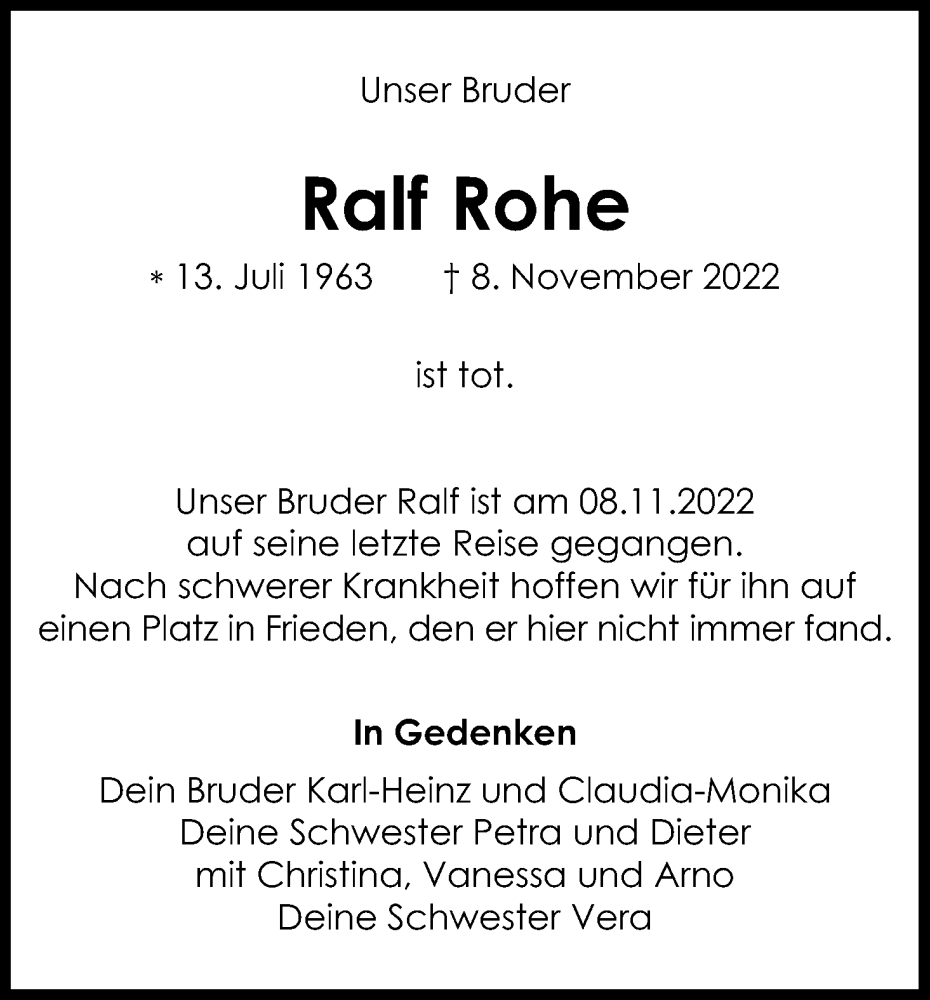  Traueranzeige für Ralf Rohe vom 12.11.2022 aus Kölner Stadt-Anzeiger / Kölnische Rundschau / Express