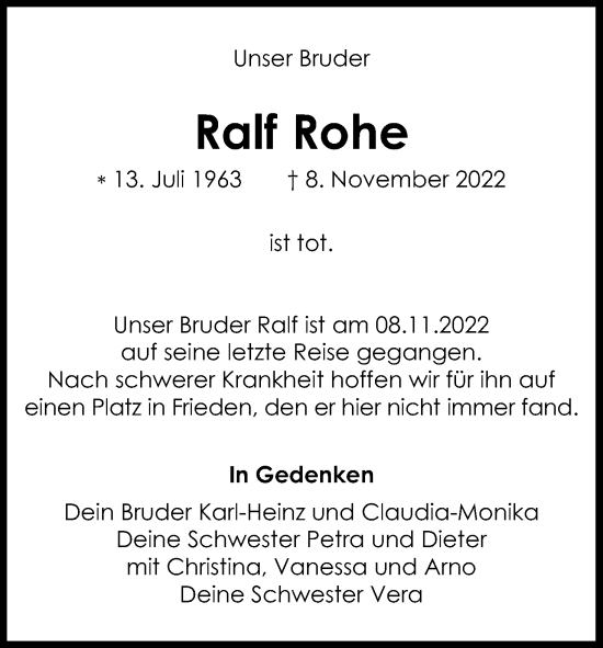 Anzeige von Ralf Rohe von Kölner Stadt-Anzeiger / Kölnische Rundschau / Express