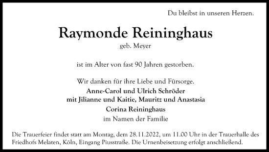 Anzeige von Raymonde Reininghaus von Kölner Stadt-Anzeiger / Kölnische Rundschau / Express