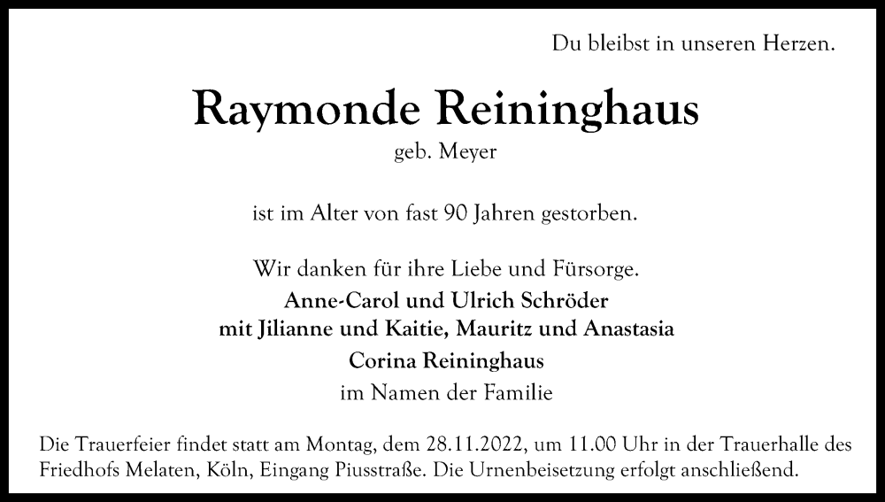  Traueranzeige für Raymonde Reininghaus vom 19.11.2022 aus Kölner Stadt-Anzeiger / Kölnische Rundschau / Express