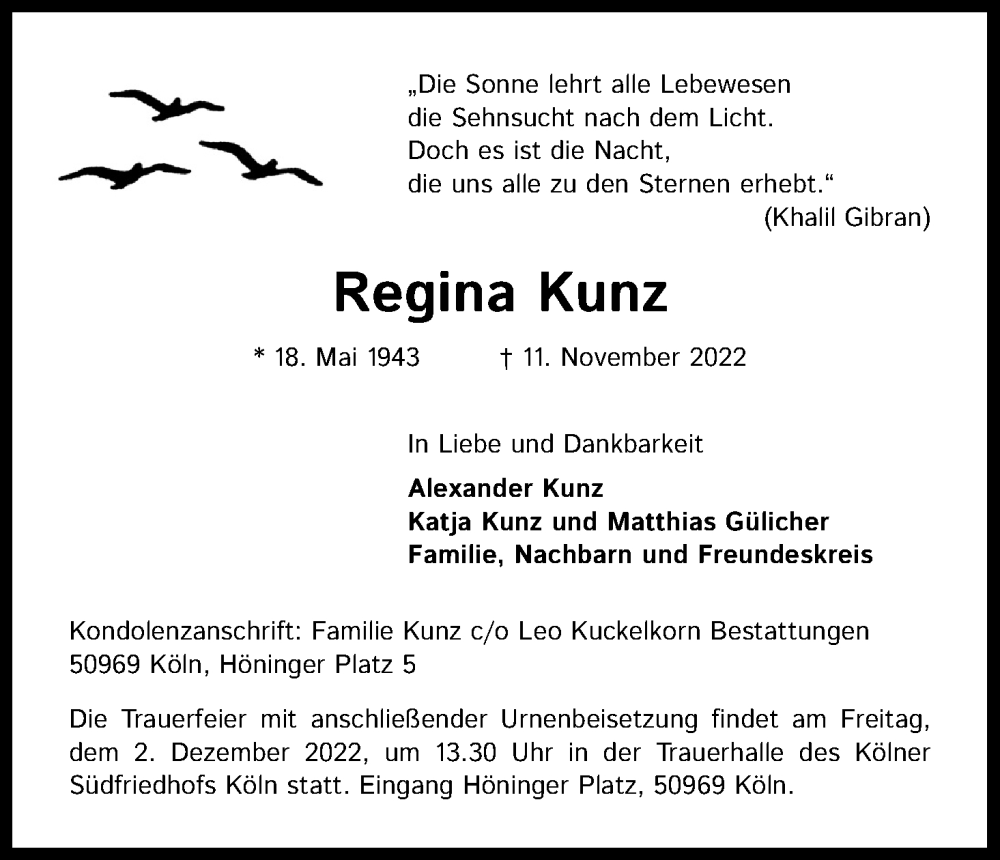  Traueranzeige für Regina Kunz vom 26.11.2022 aus Kölner Stadt-Anzeiger / Kölnische Rundschau / Express